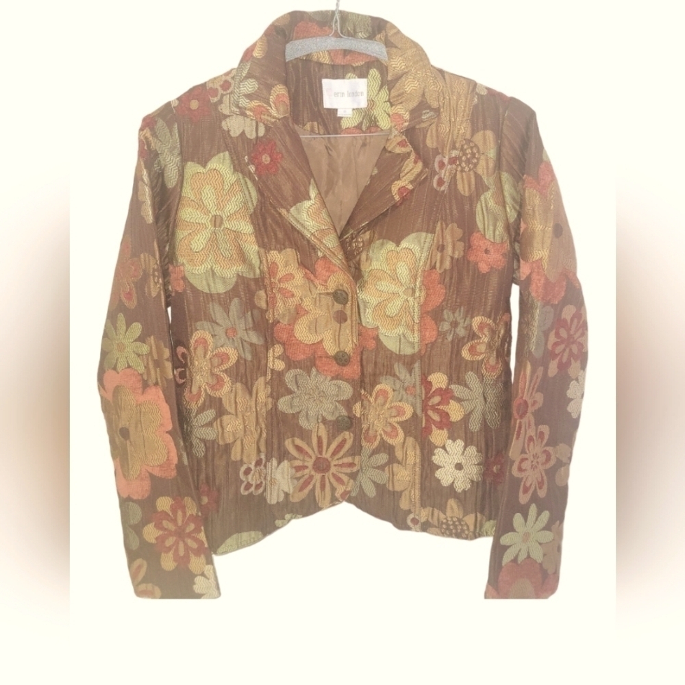 Erin London Brown Brocade Retro Floral Long Sleeves 60s Style Blazer Jacket Sz S